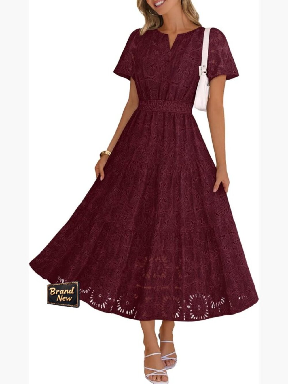 Boho Eyelet Lace Maxi Dress Women's Summer Flowy Pockets